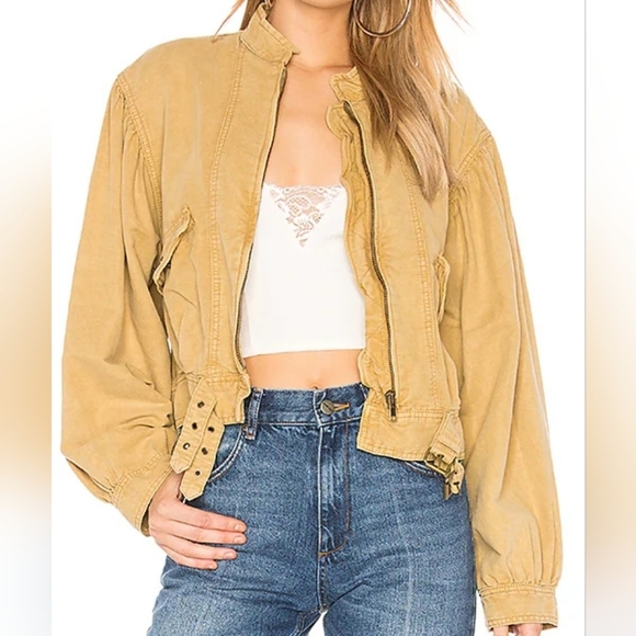 Free People Poet Puff Sleeve Khaki Bomber Revolve Jacket - Picture 3 of 5